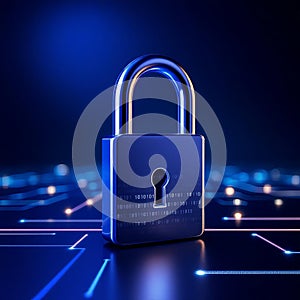 Cyber Security Padlock with Digital Binary Code on Blue Technology Background