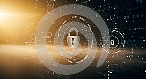 Cyber Security Padlock with Digital Tech Background Shows Data Encryption