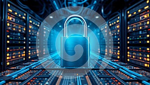 Cyber Security: Padlock Symbolizing Data Protection in a Server Room Environment