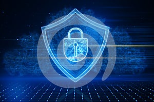 Cyber security and privacy protection concept with energetic digital padlock in shield on abstract dark background with