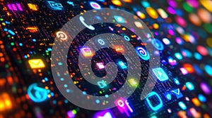 Cyber security protecting glowing digital icons on computer screen