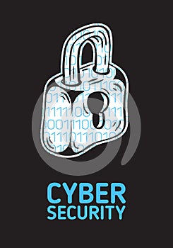 Cyber Security Safety Conceptual Poster Design With A Silhouette Of A Lock And Binary Code Within. Artistic Cartoon Hand