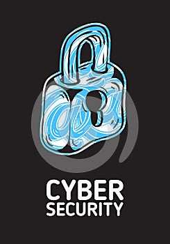 Cyber Security Safety Conceptual Poster Design With A Silhouette Of A Lock And At Symbols Within. Artistic Cartoon Hand