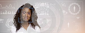 Cyber security. Scanning of African American woman`s face against virtual interface with digital data, copy space