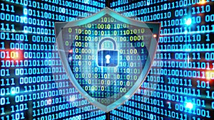 cyber security shield with binary code background.