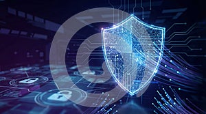 Cyber security shield with binary code on modern technology background