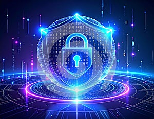 Cyber security shield digital code padlock glowing lines