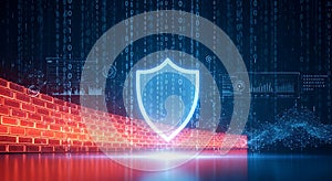 Cyber security shield icon with brick firewall and binary code background representing digital protection data privacy and network