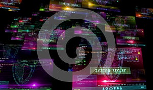 Cyber security shield symbol alert on screens