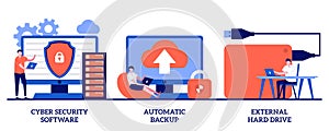 Cyber security software, automatic backup, external hard drive concept with tiny people. Data protection, recovery abstract vector