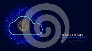 Cyber security technology concept. Secure cloud storage data protection with biometric fingerprint scanner icon on abstract polygo