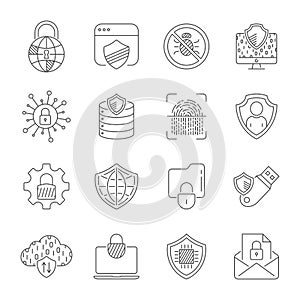 Cyber security technology network vector icons set. Technologes of digital protection. Editable Stroke. EPS 10