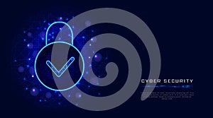 Cyber security technology and secure cloud data privacy protection concept with padlock icon and check mar on abstract blue polygo