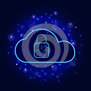 Cyber security technology. Secure cloud storage concept. Digital data protection design with lock icon