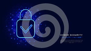 Cyber security template with padlock and check mark on abstract blue background. Banner design concept.