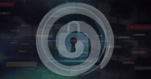 Cyber security text over round scanner and security chain icon against social media concept icons