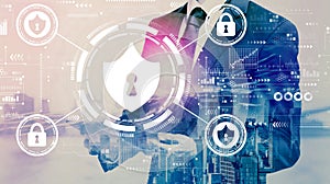 Cyber security theme with businessman holding a tablet