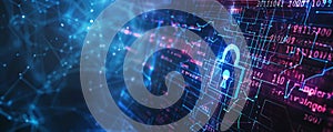 Cyber security theme with a digital lock, data streams, and matrix code on a dark blue background.