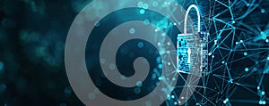 Cyber security theme with a digital padlock, interconnected lines, and matrix code on a dark blue