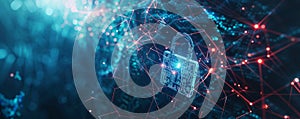 Cyber security theme with a digital padlock, interconnected lines, and matrix code on a dark blue