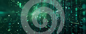 Cyber security theme with a padlock icon, data streams, and matrix code on a dark green background.