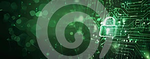 Cyber security theme with a padlock icon, data streams, and matrix code on a dark green background.