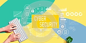 Cyber security theme with person using computer keyboard