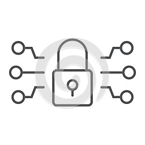 Cyber security thin line icon, technology and protection, padlock sign, vector graphics, a linear pattern on a white