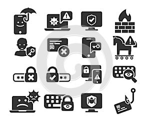 Cyber Security and threat icons set in BW