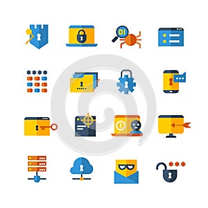 Cyber security, virus web protection vector flat icons