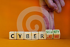 Cyber-security vs cybercrime symbol. Businessman turns wooden cubes, changes words Cybercrime to cyber-security. Beautiful orange