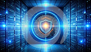 Cyber Security Wall with AI Core Interface. AI themed Background. Generated Image