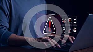 Cyber security warning alert system concept. Businessman working on laptop. Computer network hack, crime and virus, Malicious