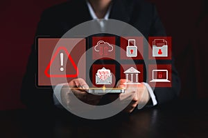 Cyber security warning alert system concept. computer network compromised illegal connection, exposing data, software, such virus