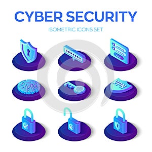 Cyber Sequrity icons set. 3D isometric data protection icons. Personal data protection. Authorization form, password, sequrity