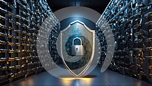 cyber shield padlock to protect cybersecurity vulnerability - malware concept in a server room