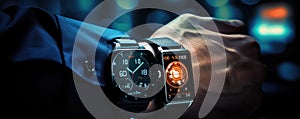 Cyber smart watch security on hand. future watches design. banner