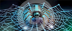 Cyber spider on microchip networked on a digital data, make web mesh, artificial intelligence AI generative