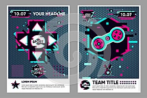 Cyber sport poster. Video game flyer. Electronic games backgrounds. Glitch style banner for web event. Vector