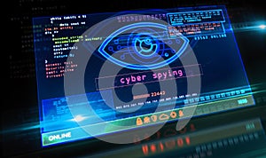 Cyber spying hacking and supervise eye symbol on screen illustration