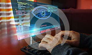 Cyber spying hacking and supervise eye symbol on screen illustration photo