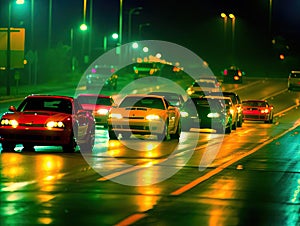 Cyber street racers zooming on neon highway