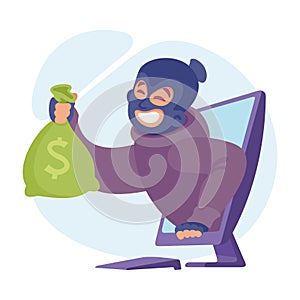 Cyber Swindler Man in Mask Hacking Internet Steal Money in Sack Vector Illustration