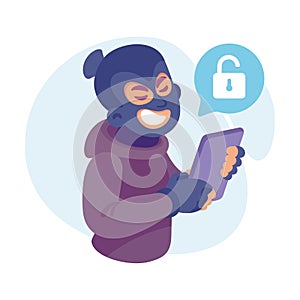 Cyber Swindler Man in Mask Hacking Internet Steal Money on Tablet Vector Illustration photo