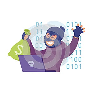 Cyber Swindler Man in Mask at Laptop with Sack Hacking Internet Steal Money Vector Illustration