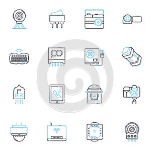 Cyber systemization linear icons set. Security, Nerk, Automation, Integration, Interface, Analytics, Efficiency line