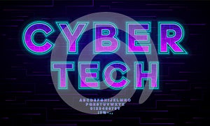 Cyber tech neon vector font. English letters and numbers design for cybersport. Digital hi-tech style symbols