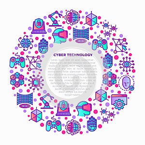 Cyber technology concept in circle with thin line icons: ai, virtual reality glasses, bionics, robotics, global network,