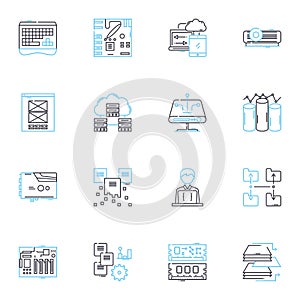 Cyber technology linear icons set. Encryption, Malware, Hacking, Firewall, Cyberattack, Cybersecurity, Cybercrime line