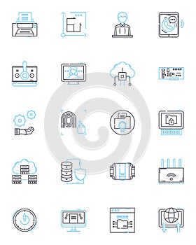 Cyber technology linear icons set. Encryption, Malware, Hacking, Firewall, Cyberattack, Cybersecurity, Cybercrime line